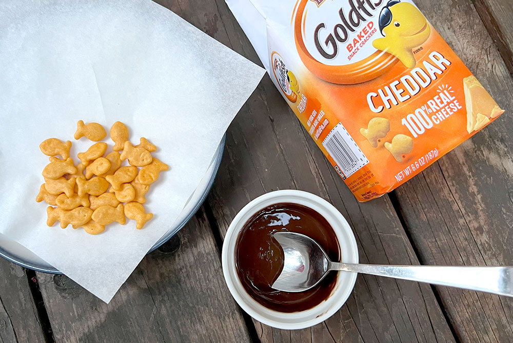 homemade chocolate dipped goldfish crackers