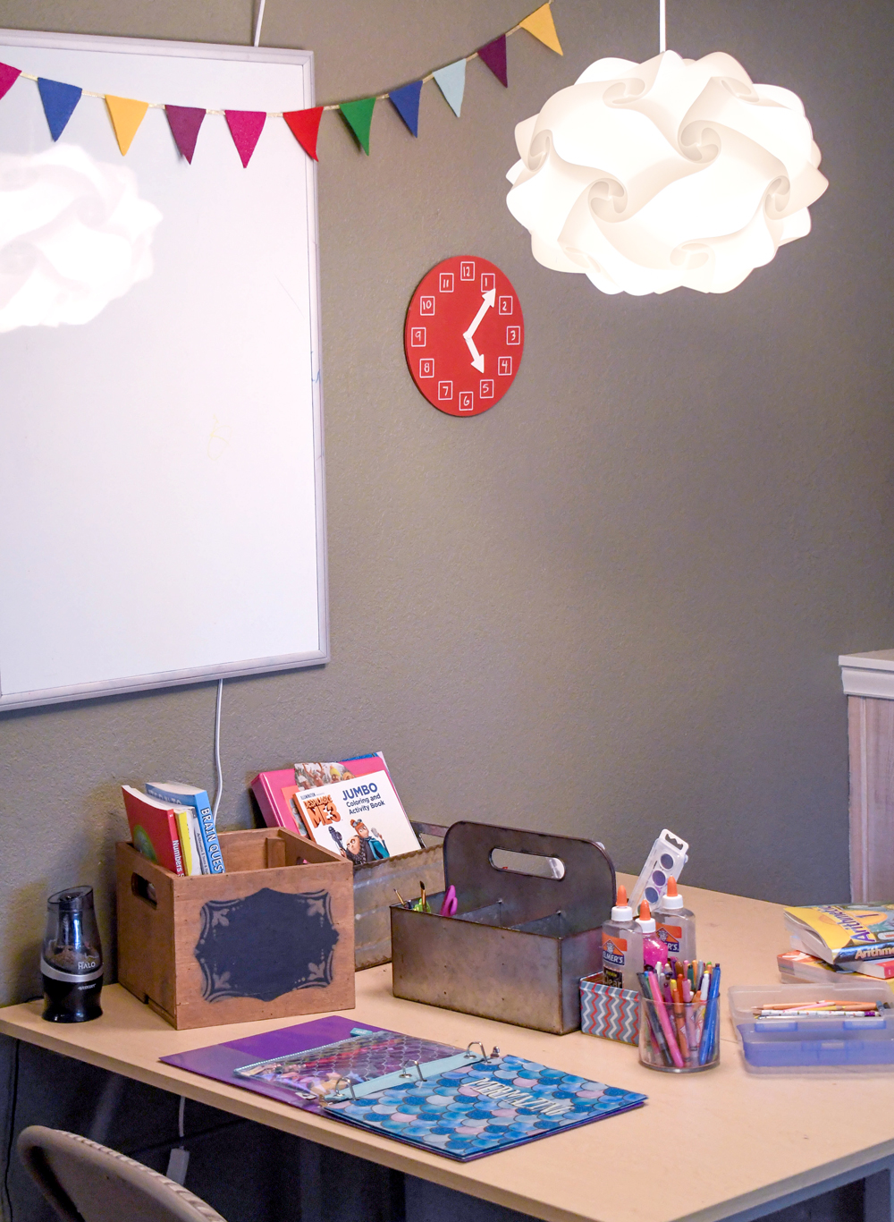 Kids homeschool workspace and desk for workbooks and kids activity
