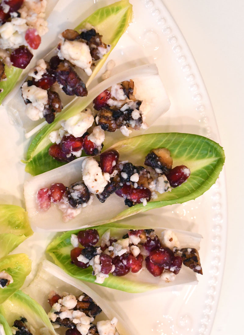endive appetizers with blue cheese and pomegranate