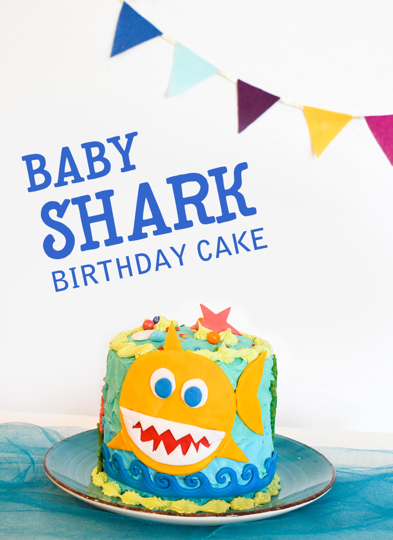 Colorful DIY baby shark birthday cake for kids