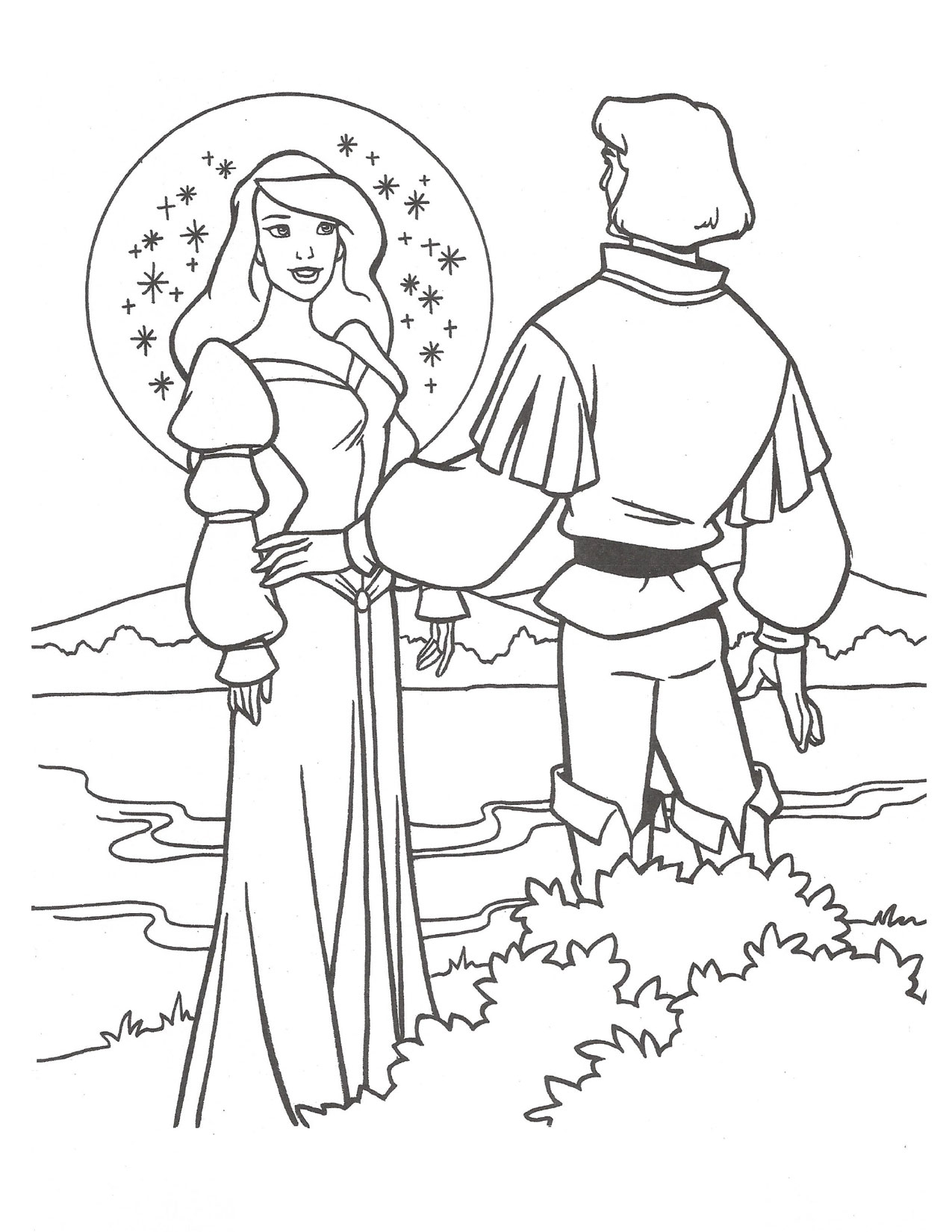 Swan Princess Odette and Prince Derek at the lake coloring page