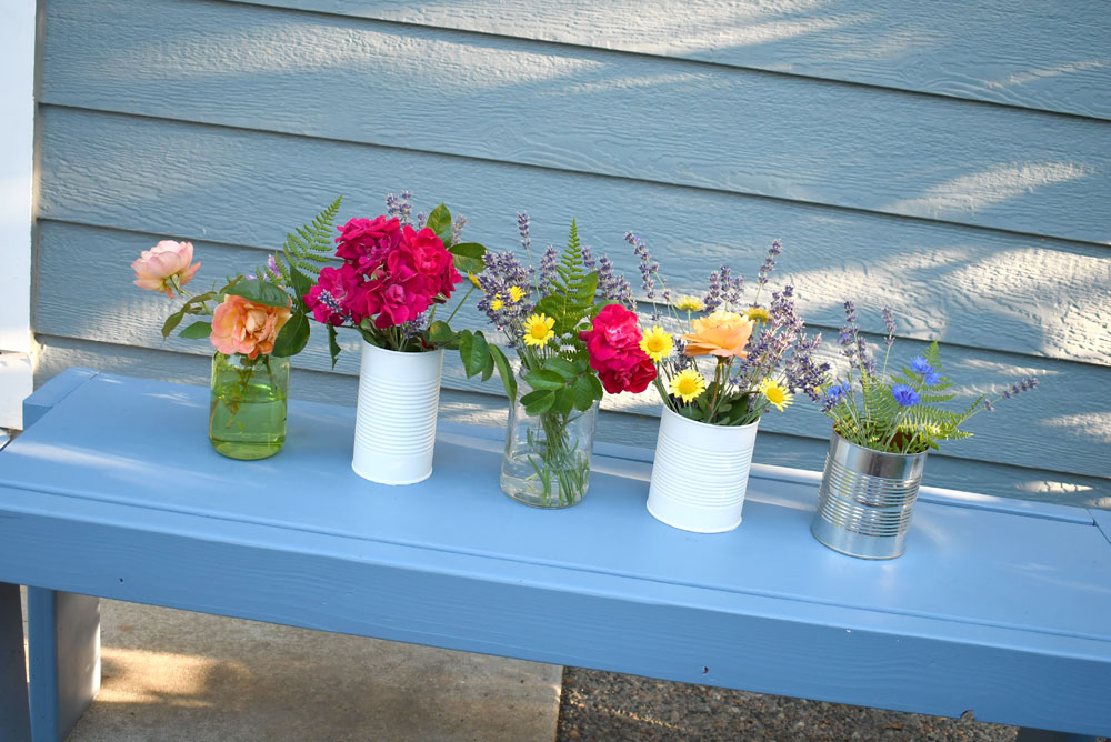 Pretty flower vases from recycled cans and jars