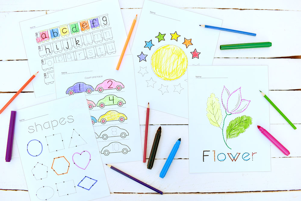 preschool tracing letters, numbers and shapes worksheets and coloring pages