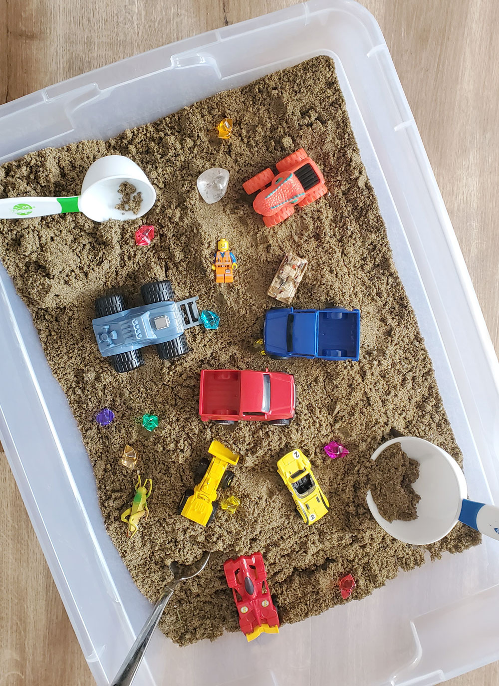 Construction site sand sensory bin kids activity