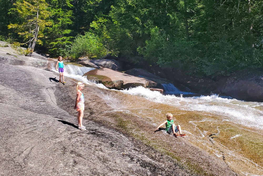 Lionhead slippery rocks family activity near Priest Lake Idaho