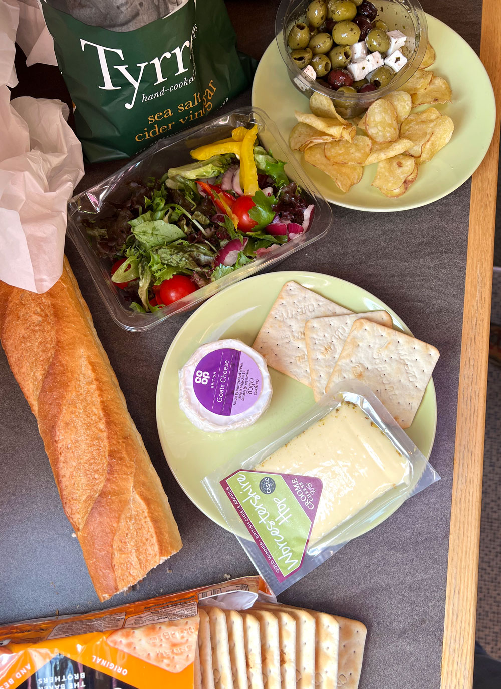 Chips, olives, cheese and snack foods