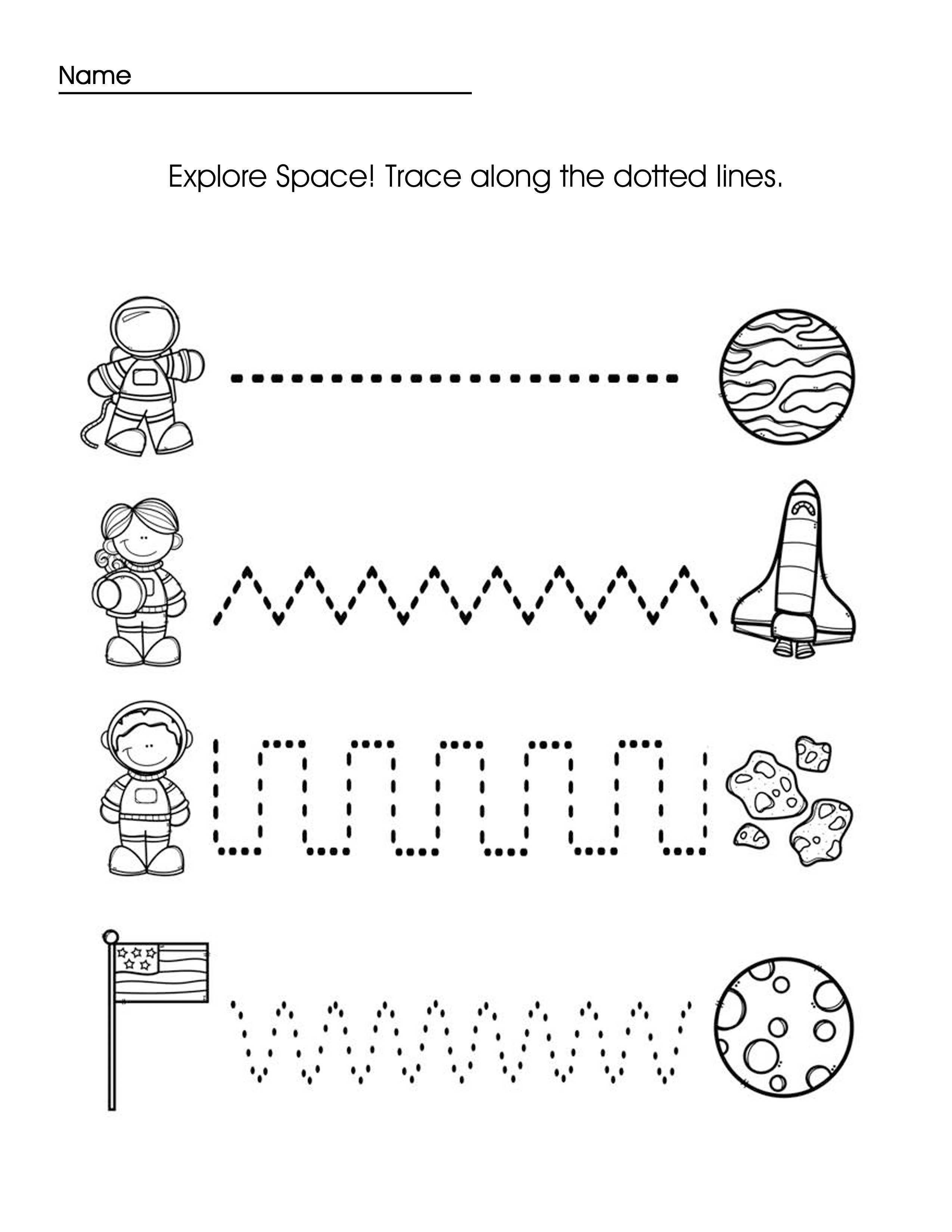 preschool activity page space and astronauts